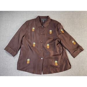 Silkland Blouse Silk Embroidered Pineapple‎ Summer Spring Tropical Novelty 2X
